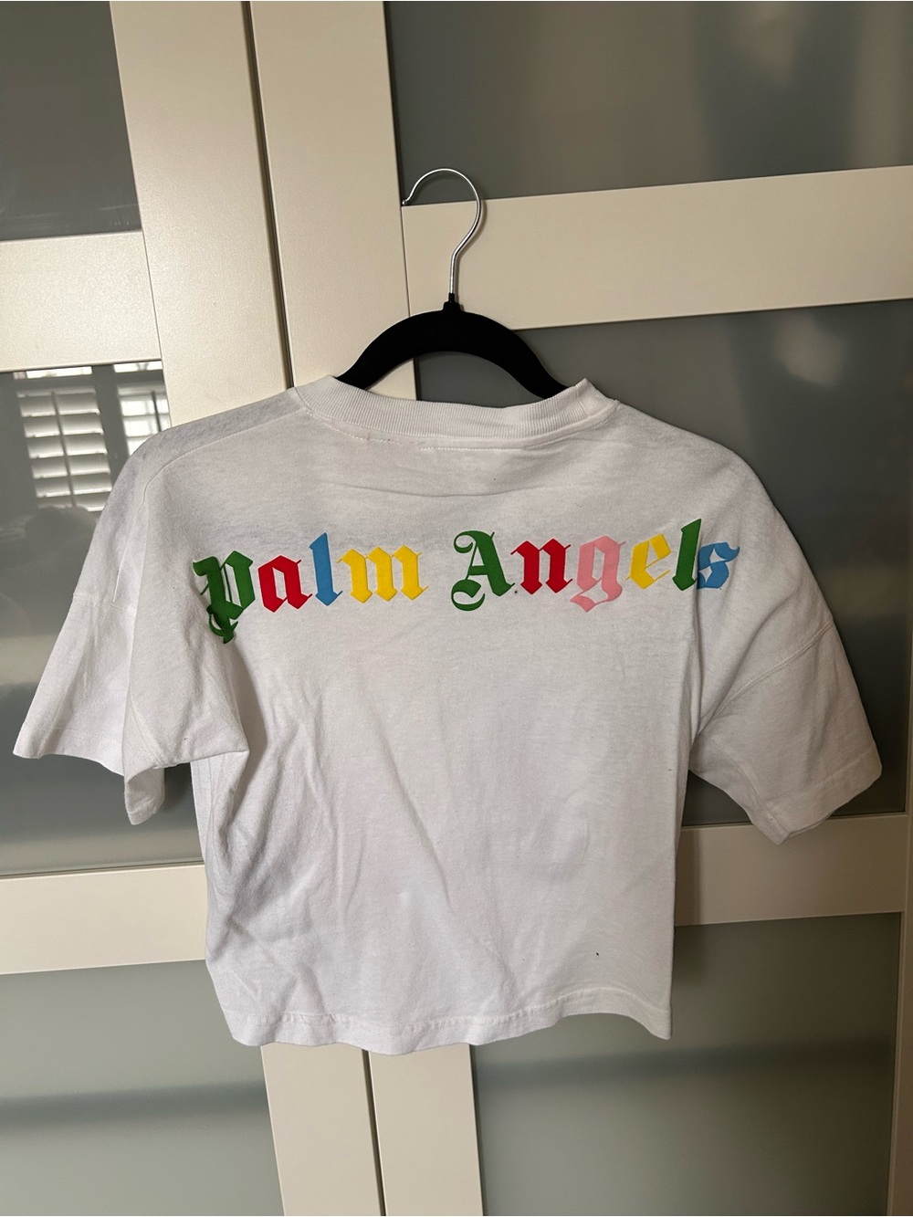 Palm Angels White Crop Tee with Multicolor Logo